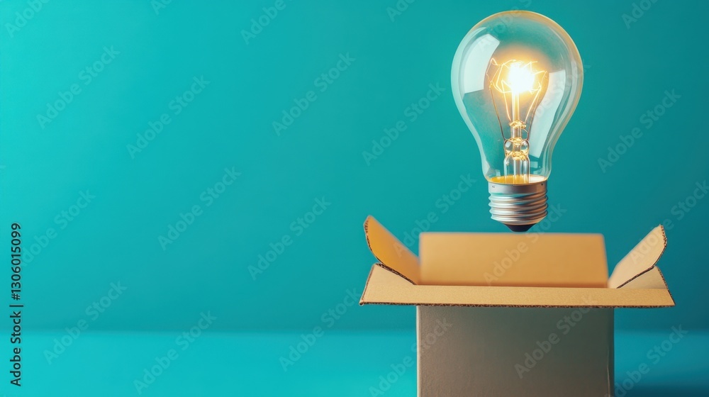 Poster glowing light bulb floating above an open cardboard box on a blue background