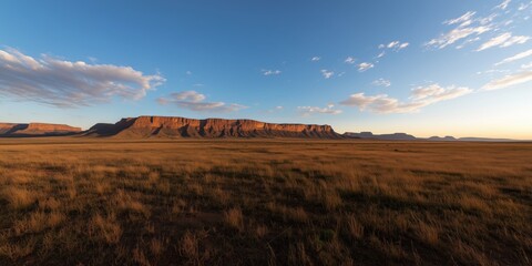 Fototapeta premium A stunning view of a sprawling plateau at sunset, showcasing its vibrant colors against the expansive sky and golden grasses, reflecting nature's breathtaking beauty.