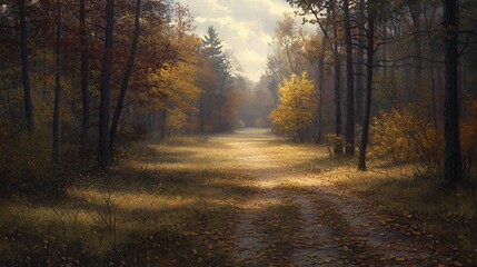 Obraz premium Autumn Forest Path Sunlight Golden Leaves Nature Landscape