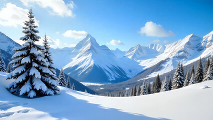 Obraz premium Majestic Mountain Scenery with Snow-Covered Pines
