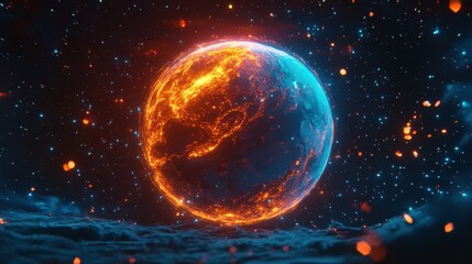 Glowing planet Earth with futuristic digital overlays, surrounded by twinkling stars in deep space