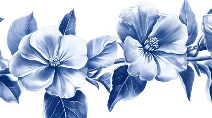 Elegant Blue Hibiscus Flowers Botanical Illustration