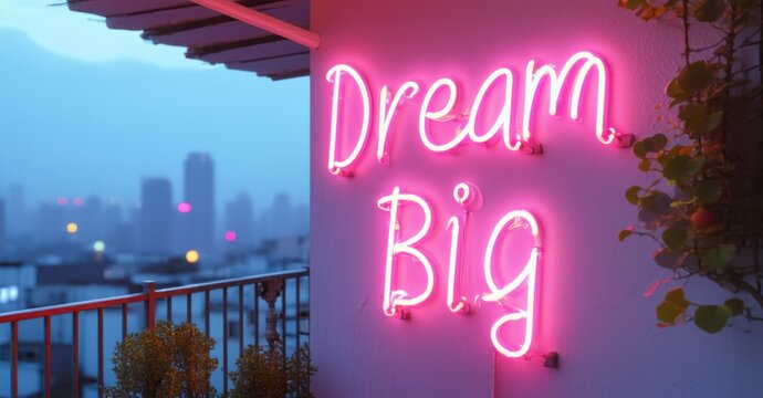 Naklejki Neon sign dream big glowing radiant cyan warm pink mounted rooftop terrace softly illuminating city skyline dreamy glow