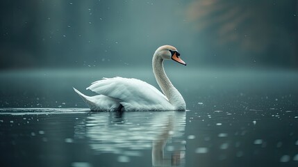 Fototapeta premium Majestic Swan on Misty Lake; Tranquil Scene; Peaceful Waterfowl; Stock Photo