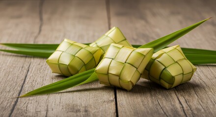 ketupat or Woven Rice Pouches with Green Leaf on a Textured Wood Table