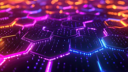 Obraz premium Hexagonal network glowing with vibrant neon lights