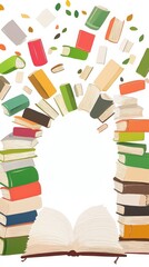 Colorful Books Fly From Stacks Forming Open Book Shape