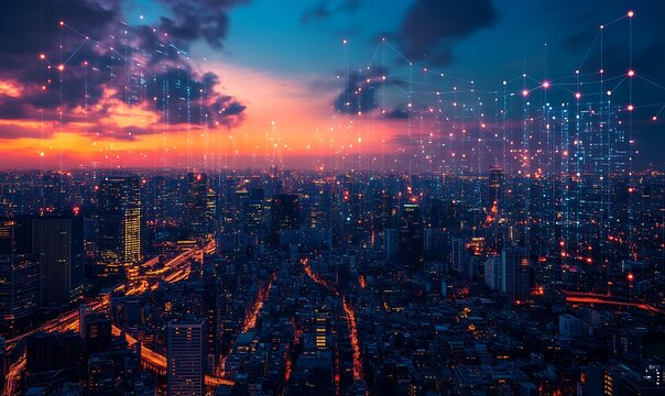 Futuristic financial hubs in a smart city concept showcasing economic innovation and development.