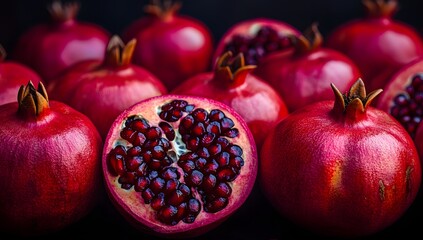 Fresh pomegranate fruits, close-up, dark background
