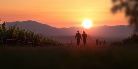 Couple walking hand in hand through a picturesque vineyard at sunset, embodying love, togetherness, and the beauty of nature in a romantic setting.
