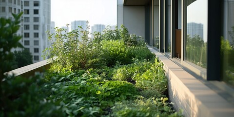 A vibrant rooftop garden filled with lush greenery and plants, showcasing urban nature and the beauty of a garden in a city environment.