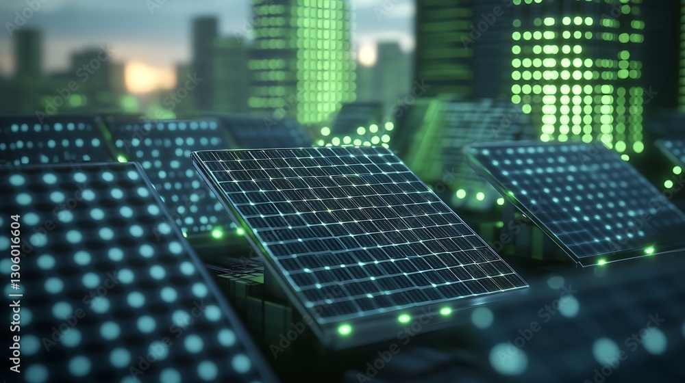 Poster a vibrant image illustrating a smart city utilizing ai-powered renewable energy solutions.