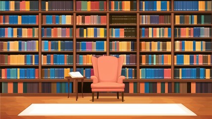 Peach Armchair in a Classic Library with Colorful Bookshelves
