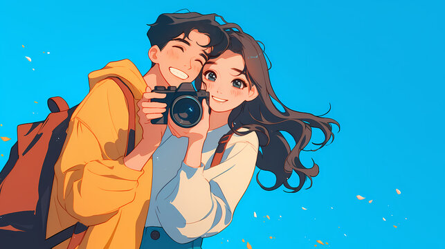 Happy couple taking a selfie with a camera against a bright blue background with autumn leaves