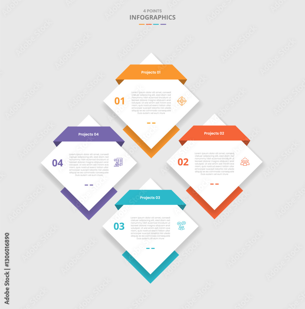 Poster 4 points template infographic with diamond in big structure component with drop shadow style with 4 