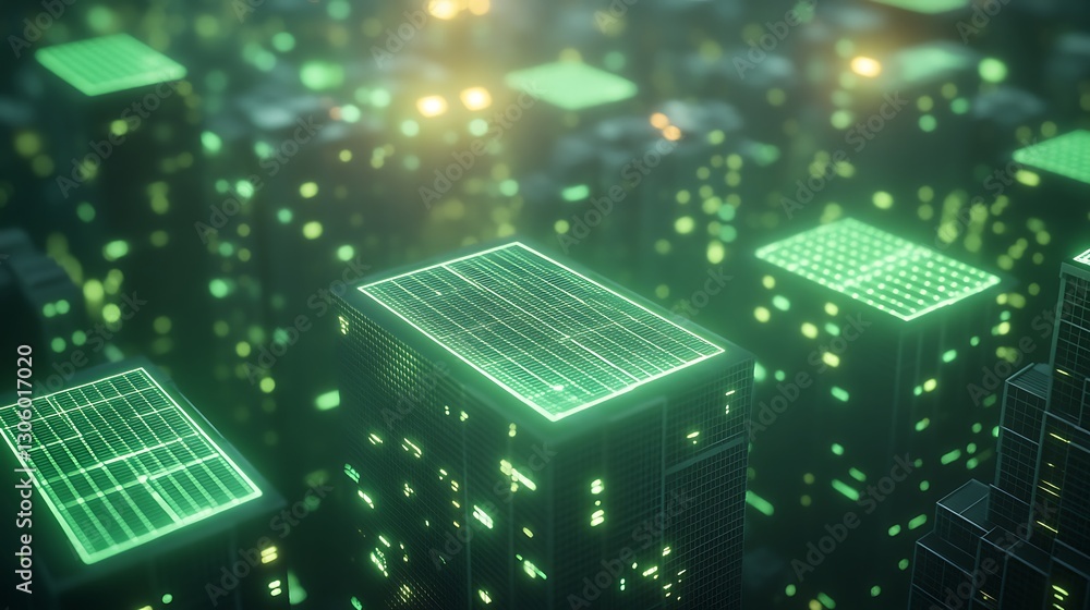 Poster smart city concept featuring ai-driven renewable energy technology in a visually engaging image.
