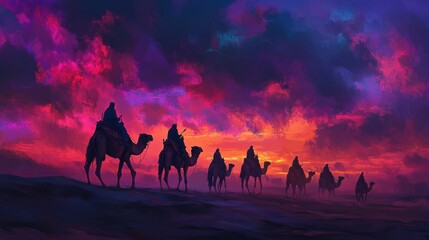 Fototapeta premium Camels with Riders in Desert Silhouette at Sunset