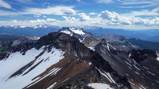 Panoramic view of snow-capped mountain peaks under a partly cloudy sky.
