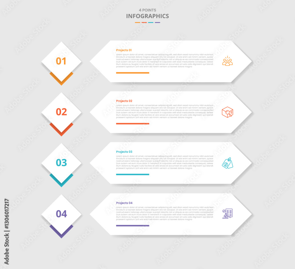 Poster 4 points template infographic with diamond badge and long arrow rectangle on stacked list with drop 