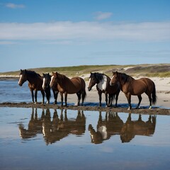 Obraz premium Sable Island Serenity: Horses and the Calm Tidal Pool
