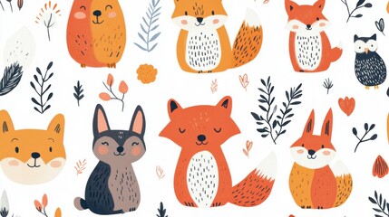 Cartoon Animals and Plants Pattern on White