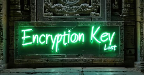 Neon sign encryption key lost glowing soft emerald electric white mounted inside ancient temple now filled futuristic digital artifacts
