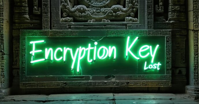 Naklejki Neon sign encryption key lost glowing soft emerald electric white mounted inside ancient temple now filled futuristic digital artifacts
