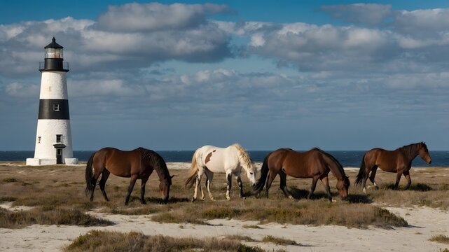 Noble Roamers: Wild Horses Surrounding Sable Island's Iconic Lighthouse