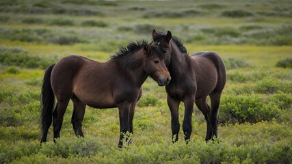 Fototapeta premium Lively Days: Wild Foals and Their Mothers on Sable Island