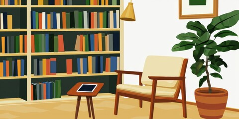 Cozy Pixel Art Reading Nook with Bookshelf and Potted Plant