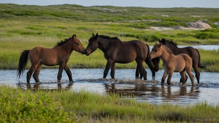 Obraz premium Playful Spirits: Wild Foals Frolicking by Their Mothers on Sable Island