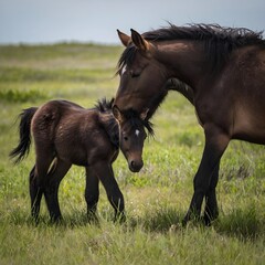 Fototapeta premium Tender Times: Wild Horse Foals at Play with Their Mothers on Sable Island