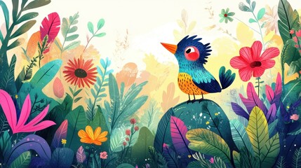 Naklejka premium Colorful Bird in Vibrant Floral Garden Illustration