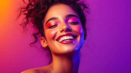 Fototapeta premium Woman Smiling with Eyes Closed and Vibrant Makeup on Colorful Background