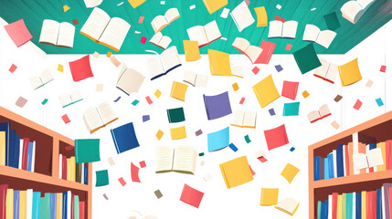 Whimsical Colorful Books Floating Above Wooden Bookshelves