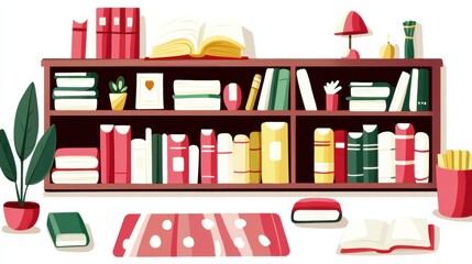 Obraz premium Cozy Home Library with Colorful Books and Wooden Bookshelf