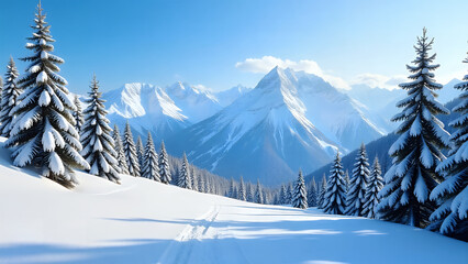 Fototapeta premium Snowy Mountain Scenery with Fir Trees