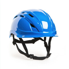 Fototapeta premium Bright blue safety helmet with adjustable black straps on white background