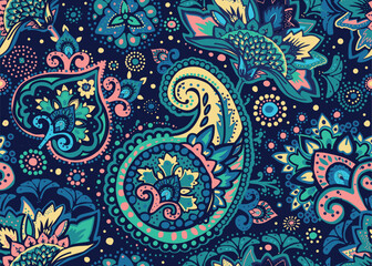 Seamless paisley pattern in Oriental style with floral and ethnic motifs for printed fabric, wallpaper, and packaging