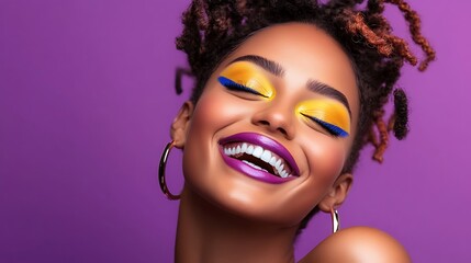 Fototapeta premium Woman Laughing with Bright Makeup and Hoop Earrings on Purple