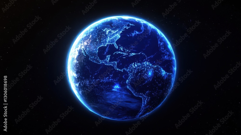 Poster high-resolution 3d representation of earth, glowing with bright blue data streams, symbolizing a con