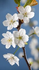 Fototapeta premium Delicate white cherry blossoms on blue background