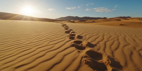 A serene view showcasing footprints leading through golden desert sand, illuminated by the warm glow of the rising sun, creating a tranquil atmosphere of solitude.