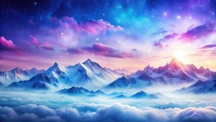 Bokeh Winter Landscape: Pastel Blue Violet Gradient, Snowy Mountains, Watercolor