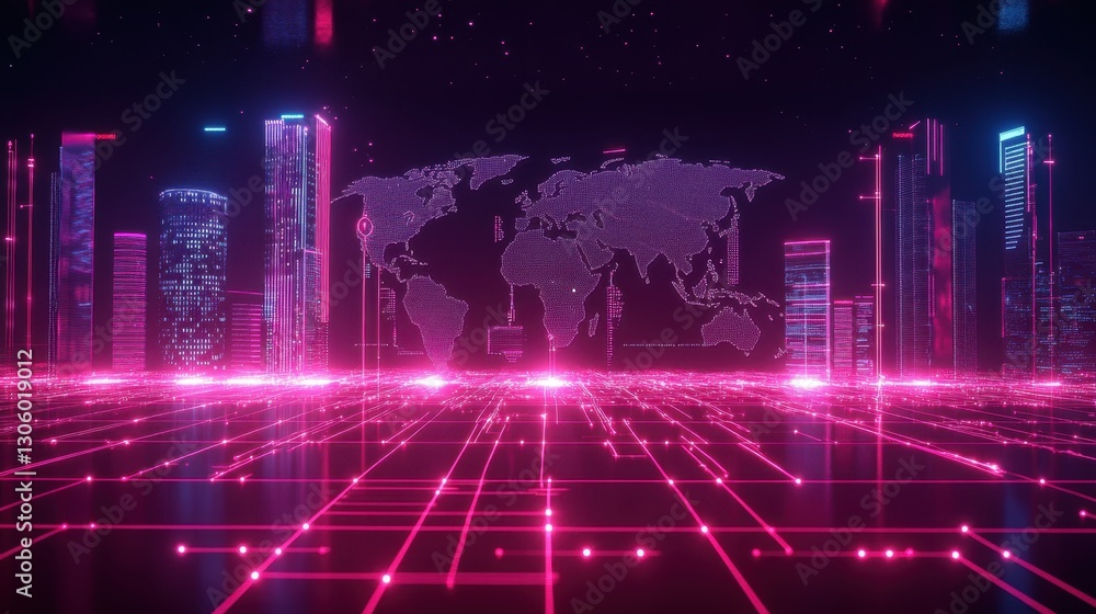 Poster high-tech 3d world model with luminous lines and dots illustrating the flow of data, digital finance