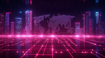 Fototapeta premium High-tech 3D world model with luminous lines and dots illustrating the flow of data, digital finance, and cyber connectivity.