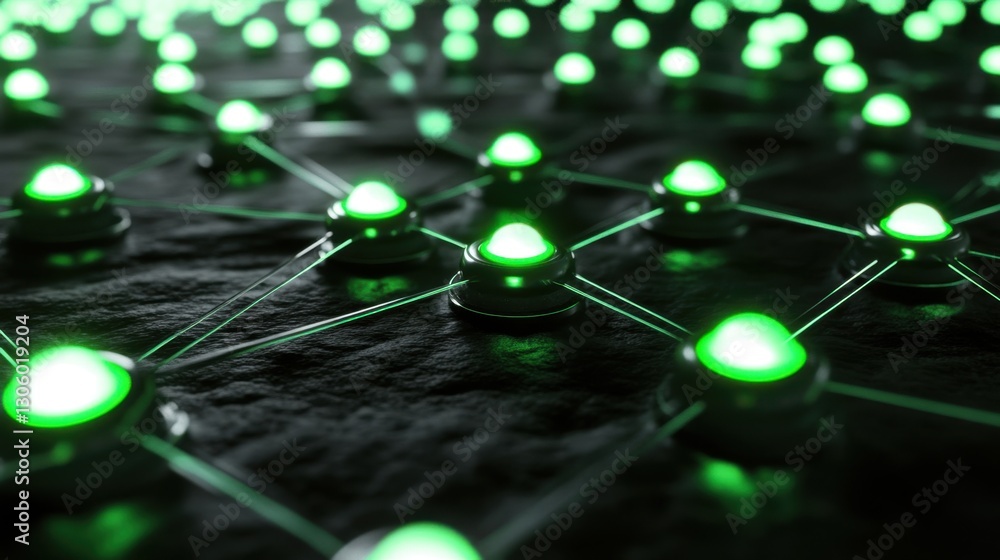 Poster high-tech digital network with green glowing nodes and circuit-like connections. futuristic cyber de