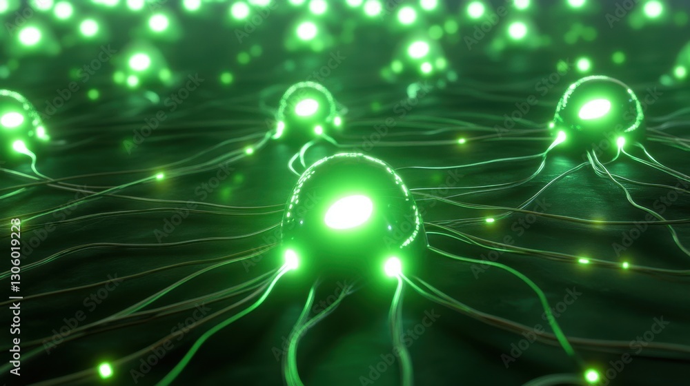 Poster high-tech digital network with green glowing nodes and circuit-like connections. futuristic cyber de