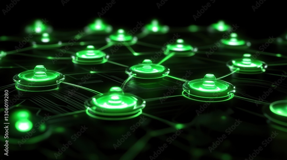 Poster high-tech digital network with green glowing nodes and circuit-like connections. futuristic cyber de