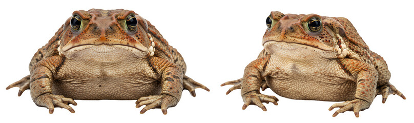 Two Large Brown Toads Facing Forward Against Black Backdrop